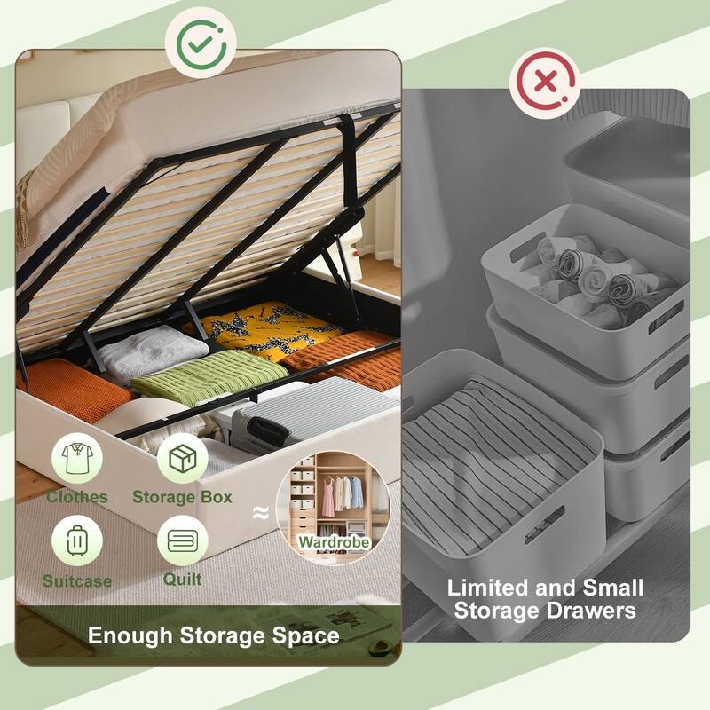 Linen Wingback Hydraulic Lift Up Storage Upholstered Platform Bed