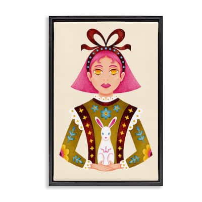 Stupell Pink Haired Girl & Bunny Framed Floater Canvas Wall Art Design By Hannah Moren