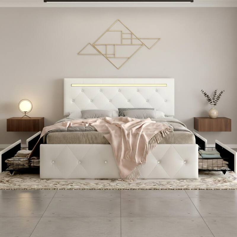 Full Size Bed Frame with LED Light and Storage Drawers, PU Upholstered Bed Frame with Adjustable Headboard, Charging Station - White
