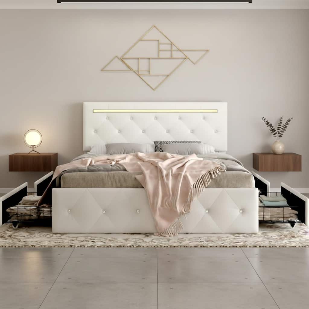 Full Size Bed Frame with LED Light and Storage Drawers, PU Upholstered Bed Frame with Adjustable Headboard, Charging Station