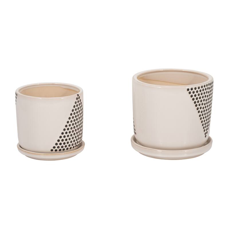 Handmade White and Black Ceramic Planters with Saucers (Set of 2)