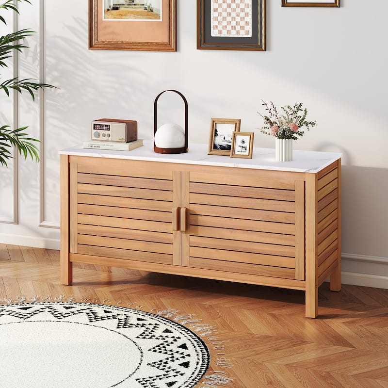 Gymax 2-Door Patio Storage Cabinet w/ Faux Marble Top Wooden Sideboard