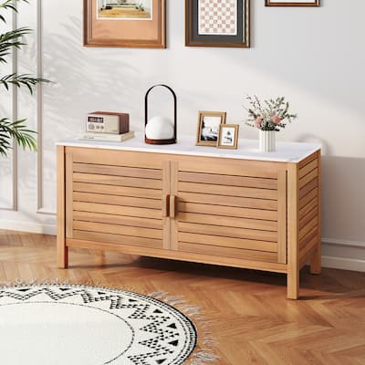 43" Outdoor Wooden Storage Cabinet with Adjustable Shelves and Faux Marble Top Soft-Close Hinges - 43" x 16" x 24"