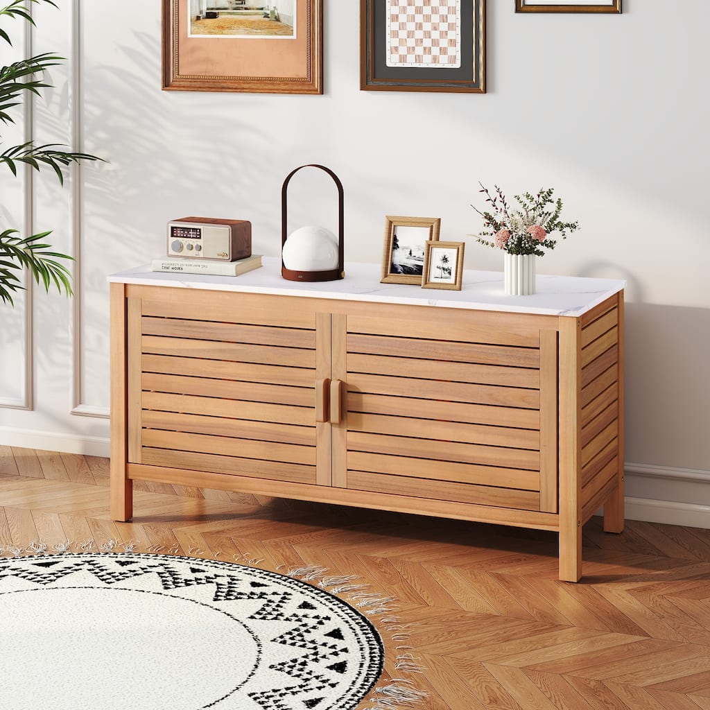 43" Outdoor Wooden Storage Cabinet with Adjustable Shelves and Faux Marble Top Soft-Close Hinges - 43" x 16" x 24"