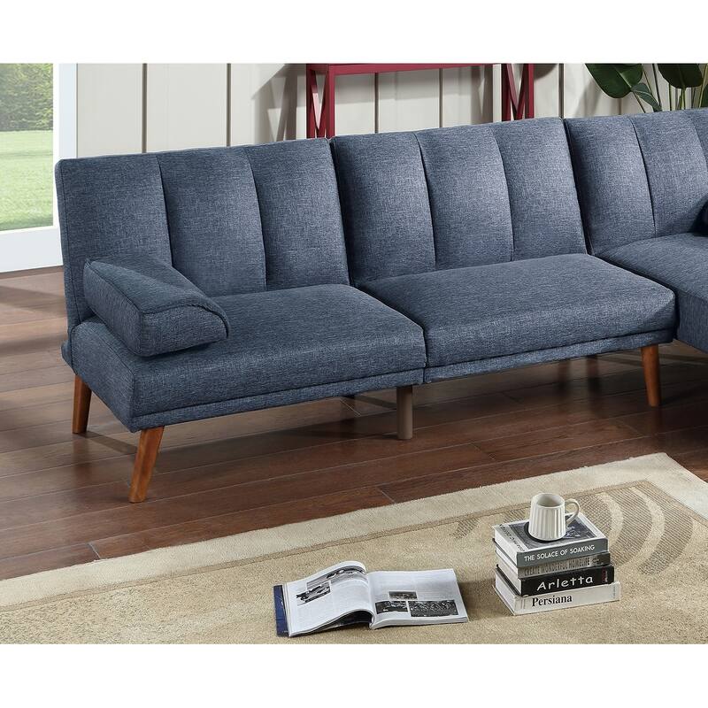 Navy Polyfiber 2pc Sectional Sofa with Wood Legs, Adjustable Chaise, Convertible Bed