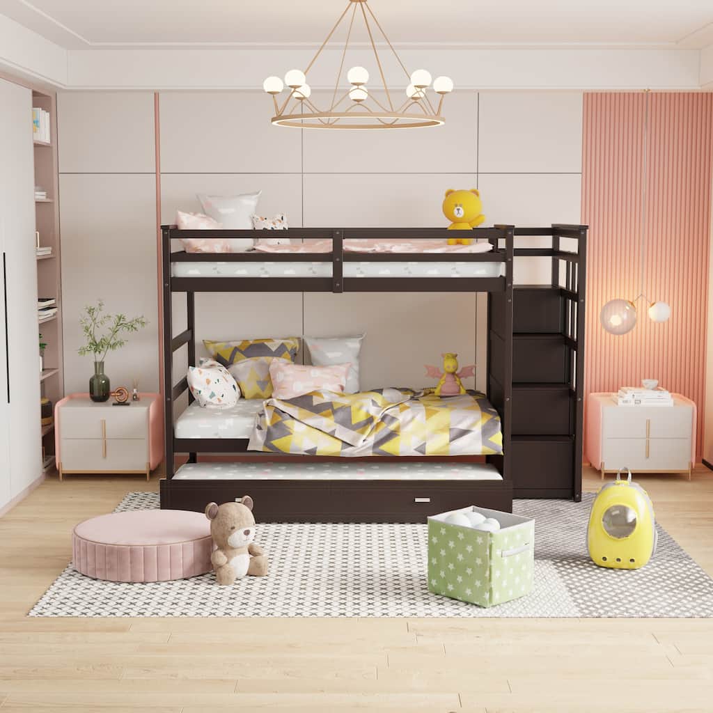 Solid Wood Bunk Bed , Hardwood Twin Over Twin Bunk Bed with Trundle and Staircase