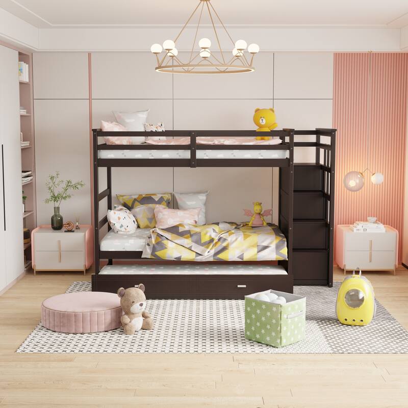 Solid Wood Twin Over Twin Bunk Bed with Trundle and Staircase