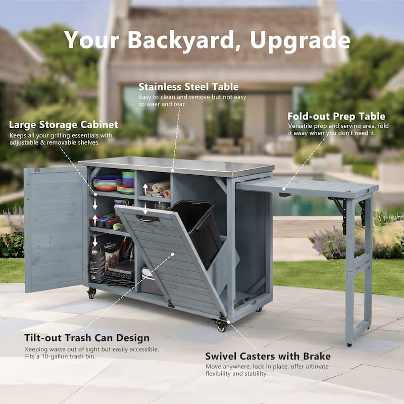 78.3" Outdoor Kitchen Island with Foldable Grill Table, Wooden Outdoor Grill Cart with Trash Can Storage & Stainless Steel Top