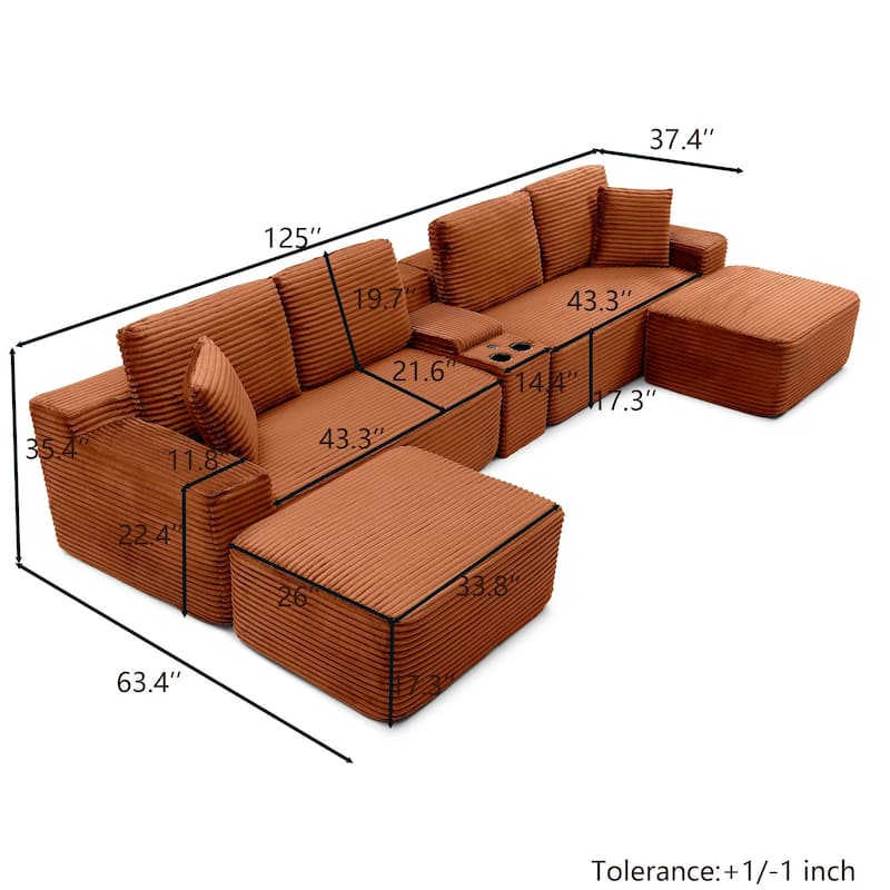 125" L Shaped Sectional Sofa with 2 Ottomans, Cloud Corduroy Couch with Deep Seat, Cup Holders and USB Ports