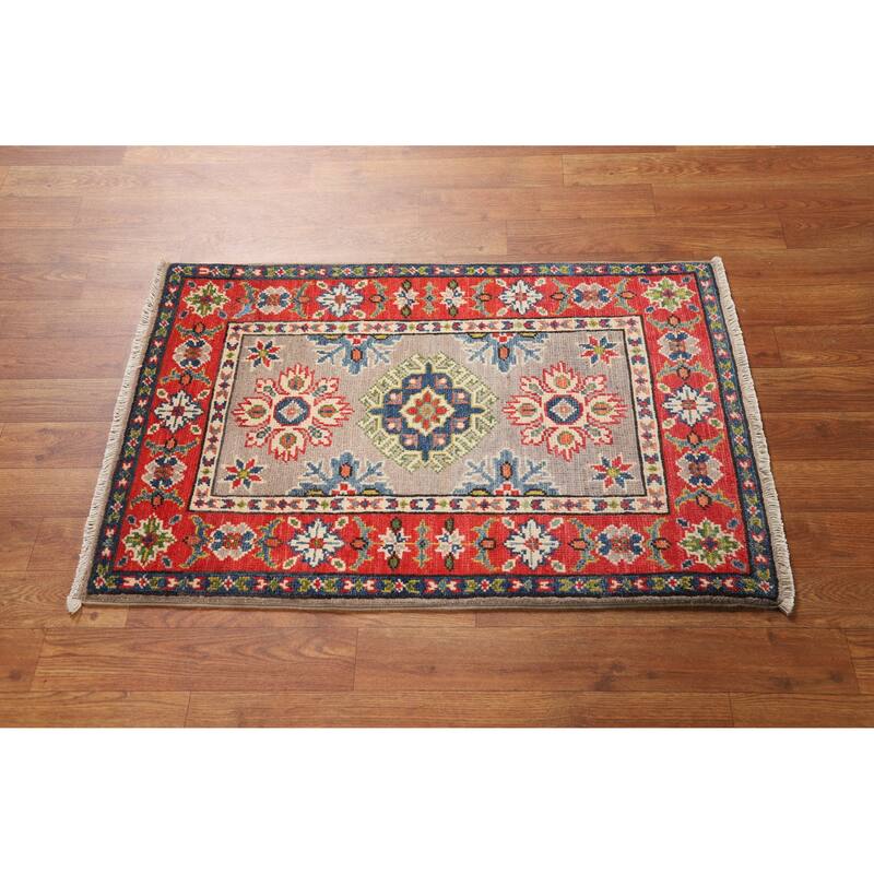 Hand Knotted Oriental 100% Wool Carpet Traditional Geometric Greys & Charcoal Kazak Area Rug - 3' 0'' X 2' 0''