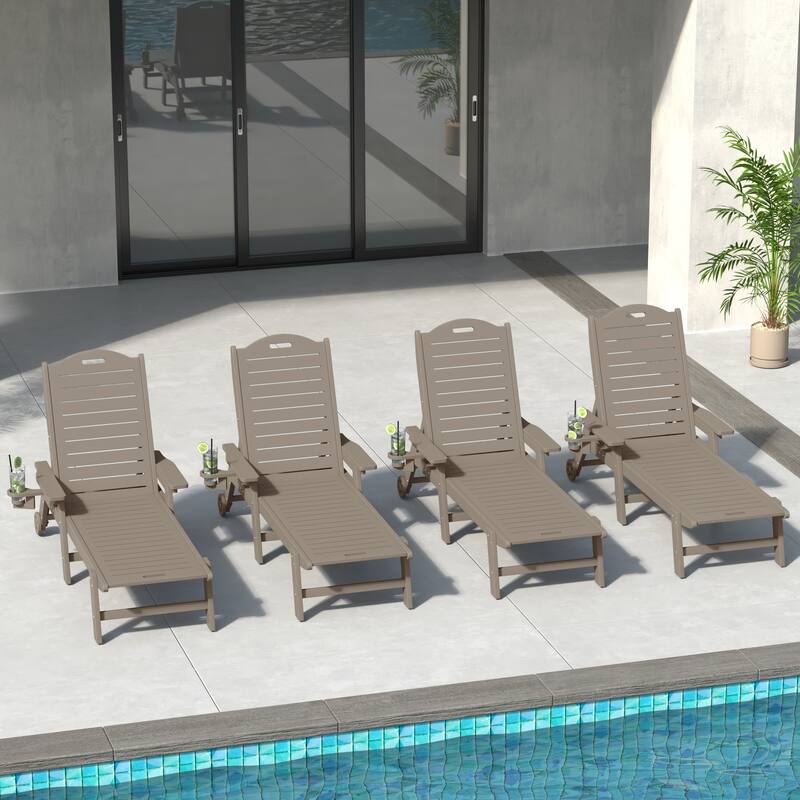 Brighton Outdoor Poly Reclining Chaise Lounge with Wheels & Cup Holder (Set of 4)