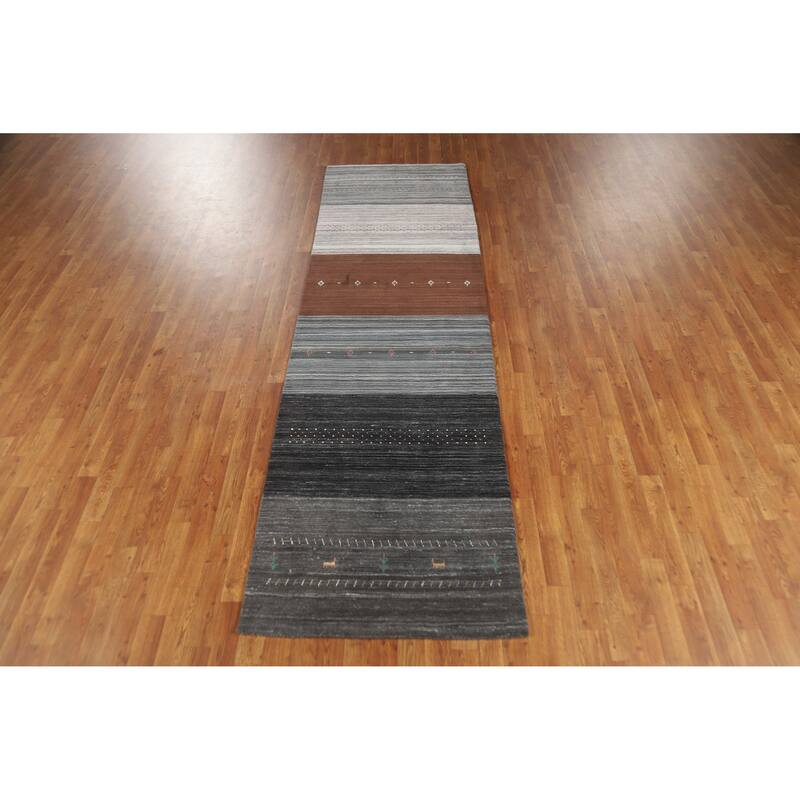 Striped Tribal Gabbeh Indian Runner Rug Hand-Knotted Wool Carpet - 3'0" x 10'2"
