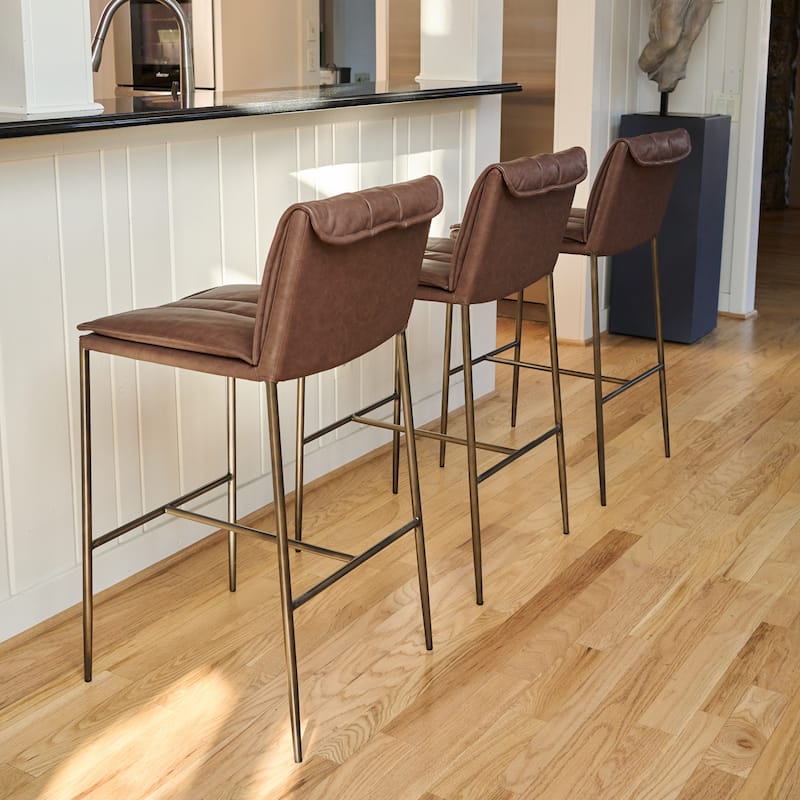 Maven Lane Gerard Bar Metal & Vegan Leather Kitchen Dining Stool - Antique Brass - Bar Height