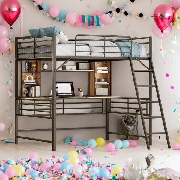 slide 2 of 13, Full Size Loft Bed Metal Frame with Desk and Shelf,Loft Bed with Ladder,With Desk And Bookshelf,Black Black