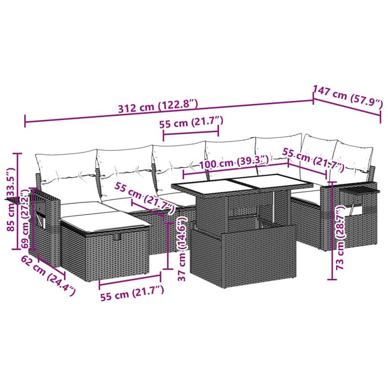 vidaXL Patio Sofa Set with Cushions Outdoor Furniture 8 Piece Poly Rattan - 21.7 x 39.4 x 28.7 in