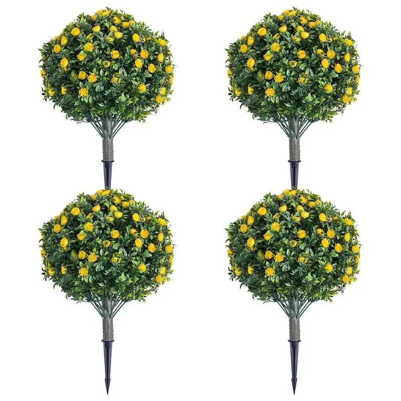 Set of 2/4 Artificial Topiary Ball Trees with Metal Stakes with Rose Flowers - Yellow 4 pcs