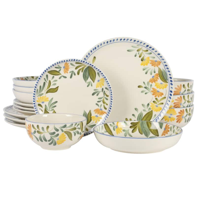 Bloomhouse Posy Blossom 16 Piece Double Bowl Hand Painted Stoneware Plates and Bowls Floral Dinnerware Set - Multi-Color