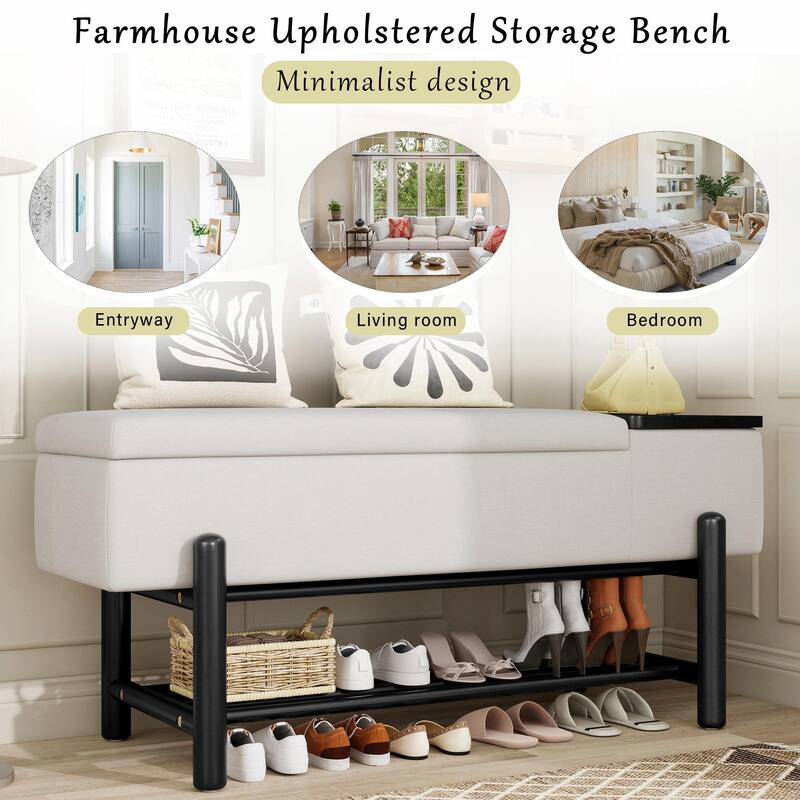 Farmhouse Upholstered Storage Bench with Hidden Compartment