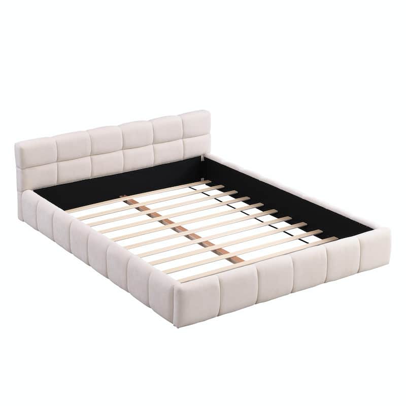 Elegant Beige Chenille Upholstered Bed with Checkerboard Pattern