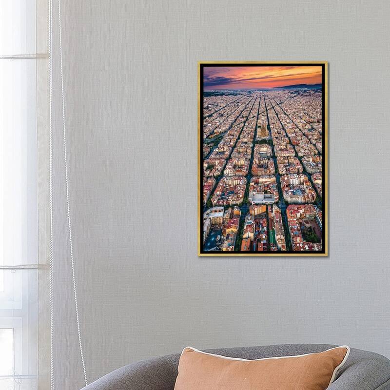 iCanvas "Spain Barcelona Cityscape Cityscape Grid From Above Sunset" by Alex G Perez Framed Canvas Print