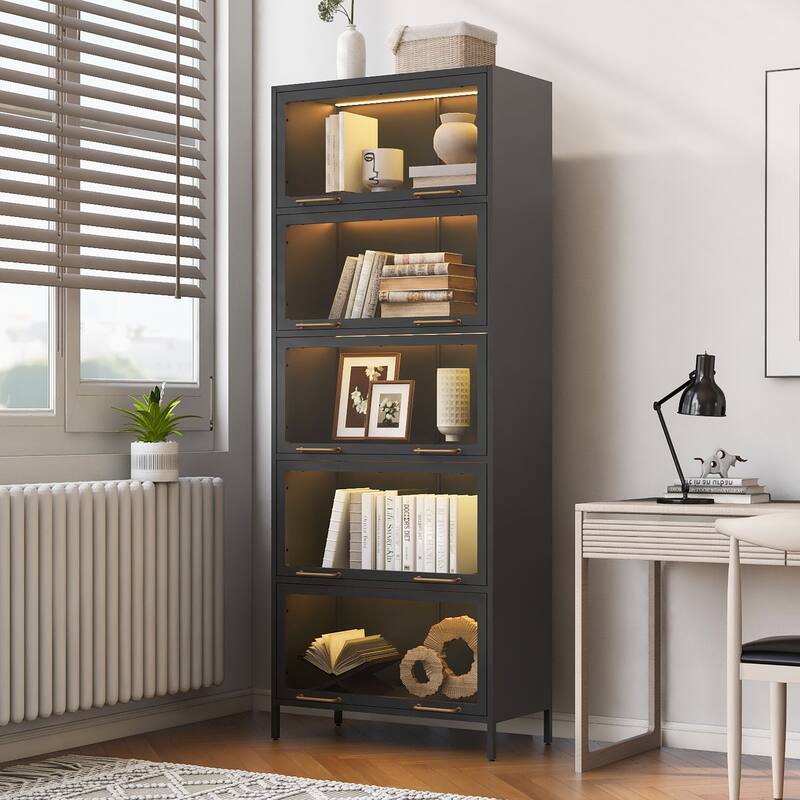 76.75"Iron Display Cabinet with Glass Doors,5-Tier Steel Barister Bookcase with LED Lights,Modern Curio Cabinet for Living Room