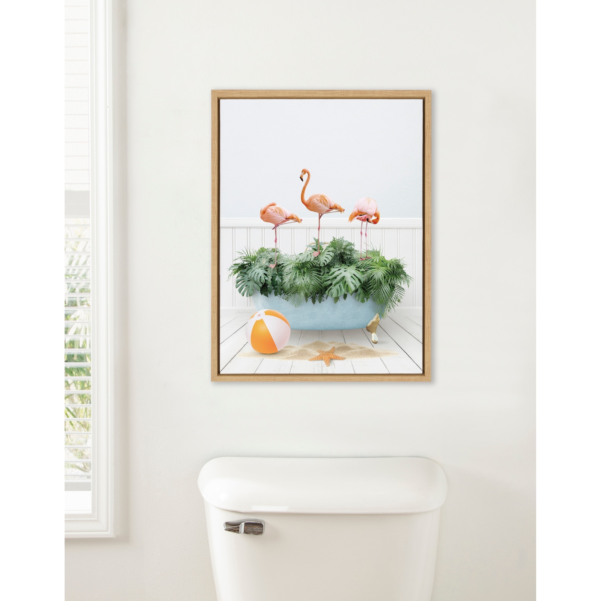 Kate and Laurel Sylvie Flamingo Bath Framed Canvas by Amy Peterson