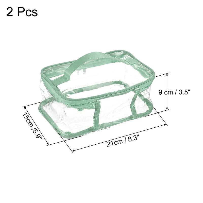 2Pcs 8.3"x5.9"x3.5" Clear PVC Toiletry Makeup Bag with Zipper Handle - Green