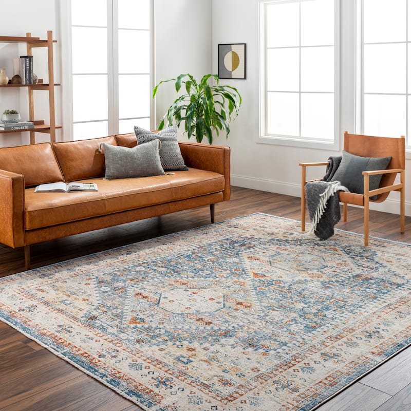 Bisrat Traditional Area Rug - 6' 7" x 6' 7" Round - Blue/Ivory