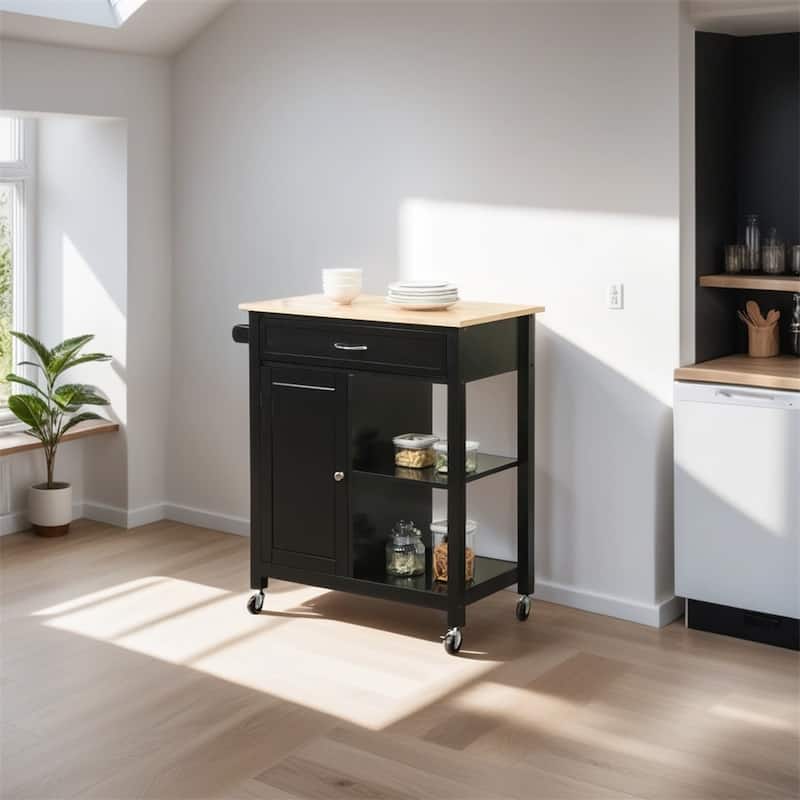 Rolling Kitchen Island Cart with Storage and Solid Wood Top - N/A