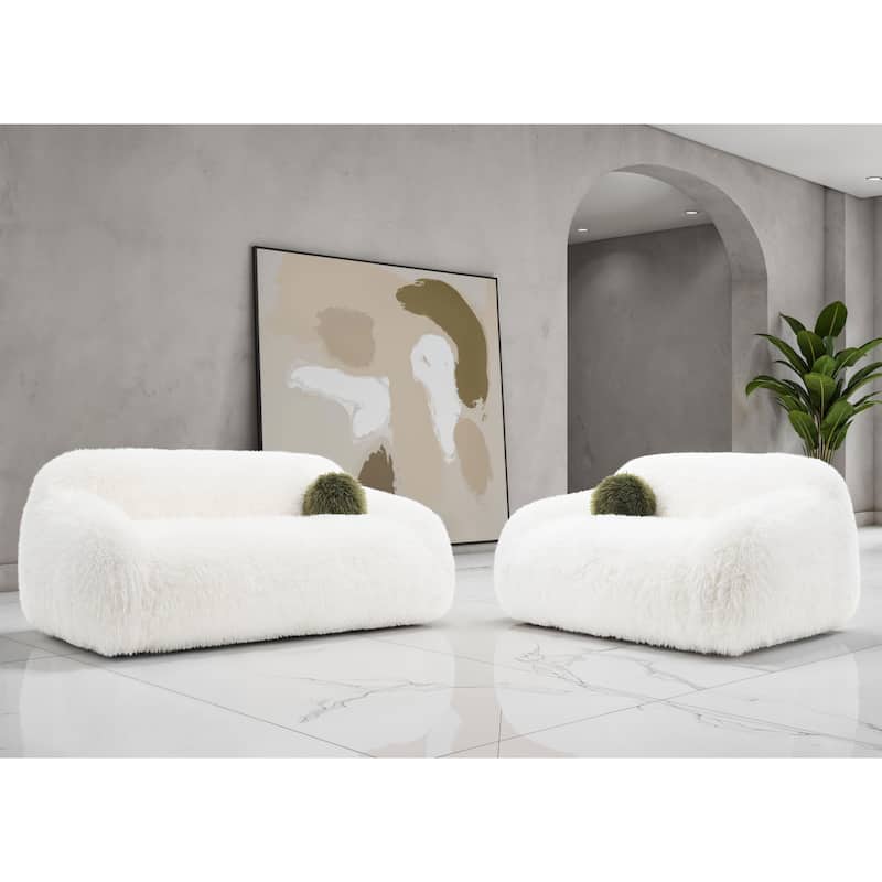 Furniture of America Cynra Modern 2-Piece Faux Fur Sofa Set with Ball Pillows - White Long-Haired
