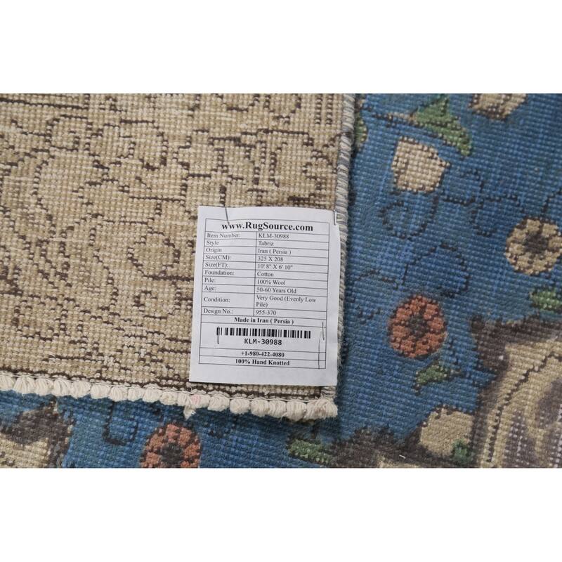Distressed Blue Tabriz Persian Vintage Rug Hand-Knotted Wool Carpet - 6'10"x 10'8"