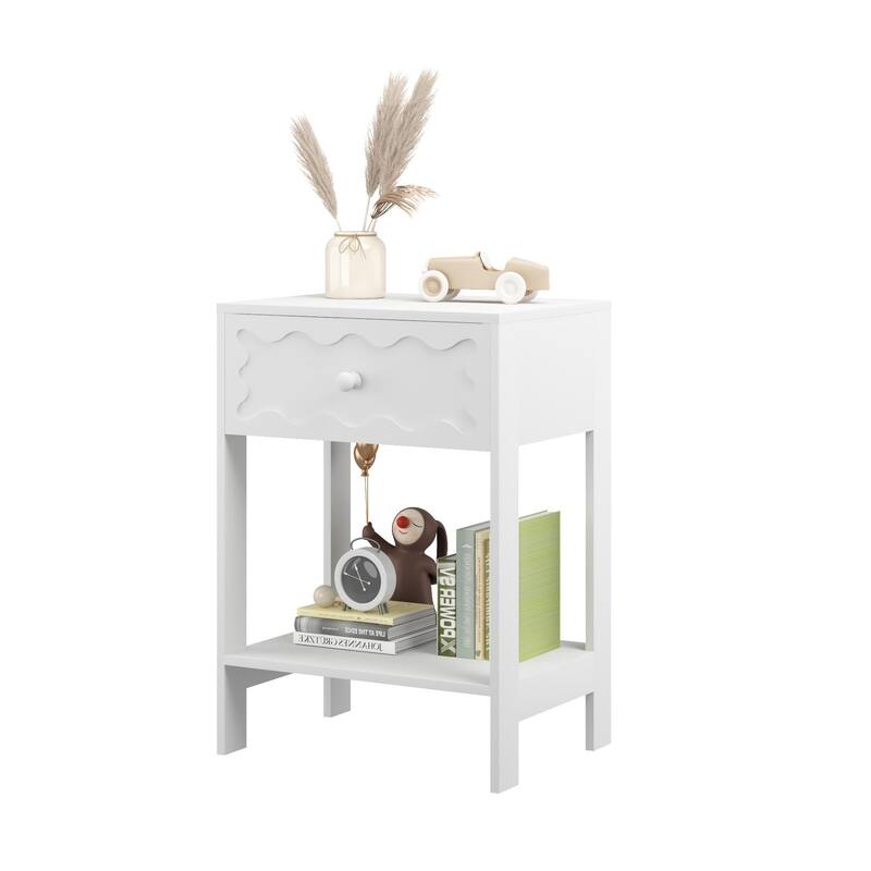 Nightstand with Drawer and Open Shelf, Modern Wave Pattern Bedside Table, Solid Wood Frame End Table for Bedroom, Living Room