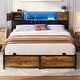 preview thumbnail 22 of 73, Farmhouse Bed Frame with Holey Board, Upholstered Headboard Platform Bed with Charging Station Brown - Queen