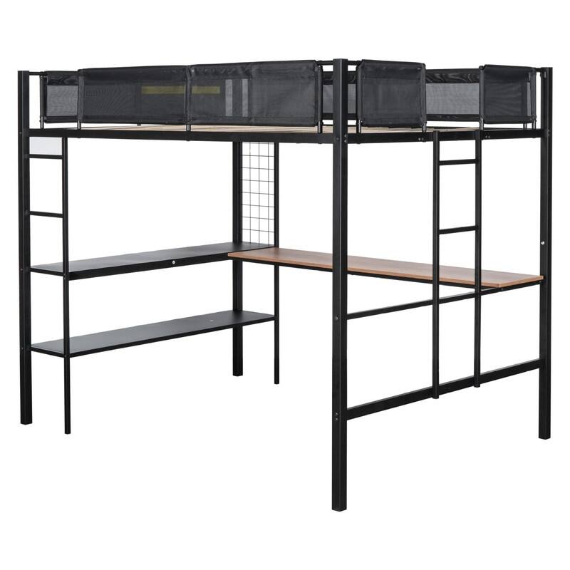 Metal Full Size Loft Bed with Desk & Shelves/Sturdy Metal Bed Frame/ Noise-free Wood Slats/Comfortable Textilene Guardrail