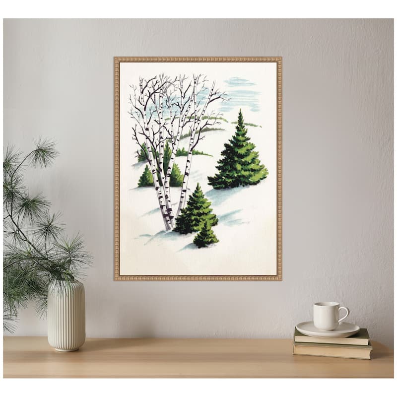 Kate and Laurel Sylvie Beaded Christmas Snowy Winter Fir Trees and Birch Trees Framed Canvas by Corinna Buchholz of Piddix