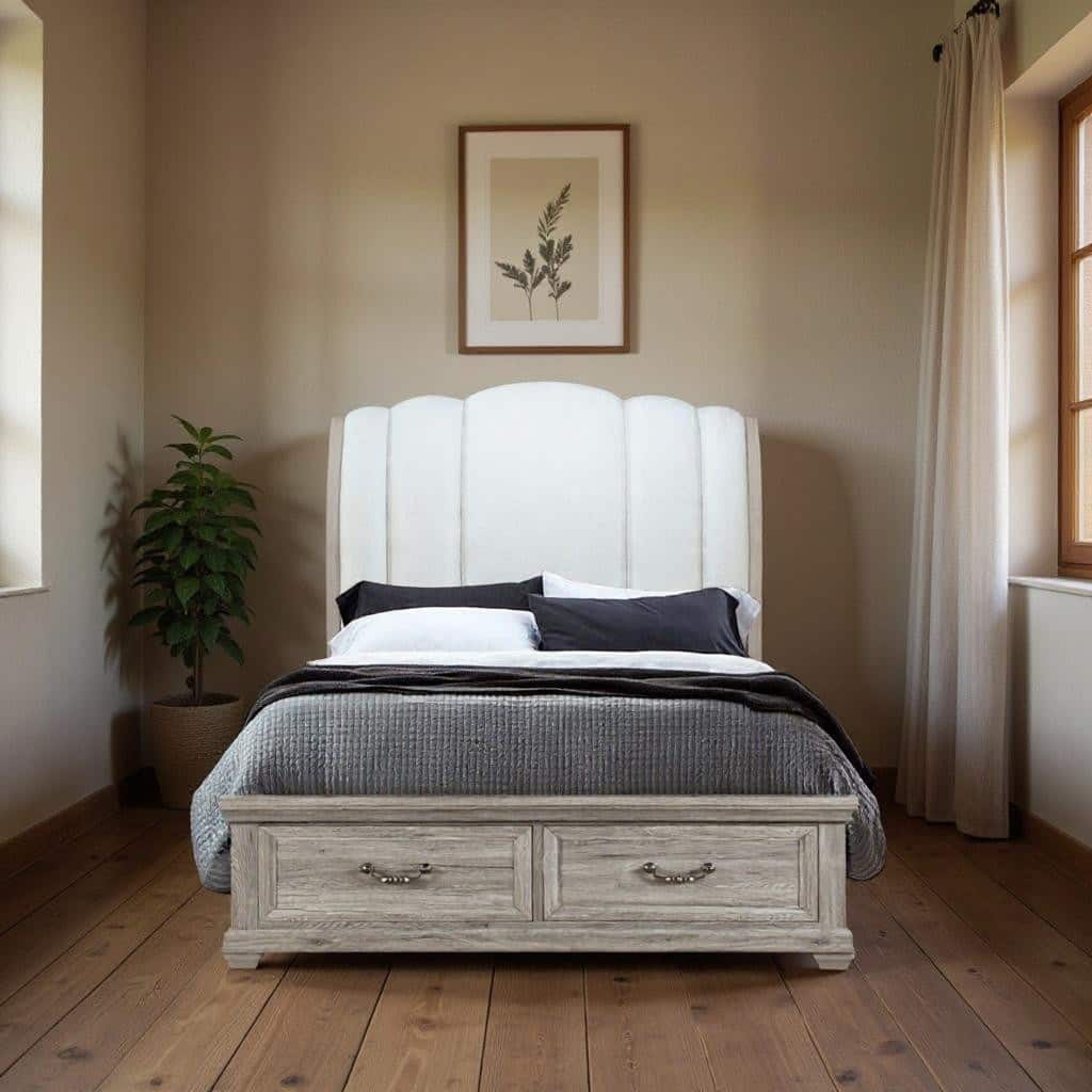 HomeRoots Natural and Light Gray Wood And Upholstery King Bed Frame With Drawers