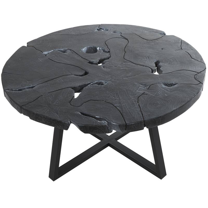 Teak Wood Geometric Handmade Live Edge Living Room Coffee Table with Black Metal Base - Black - Roche River Decor