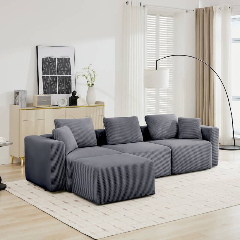 Corduroy Sectional Modular Sofa with Square Arms & Ottoman Extension for Flexible Arrangements