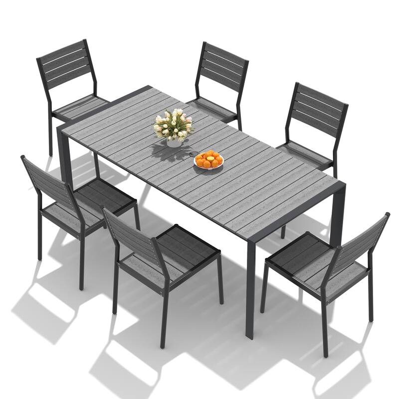 7/9-Piece Patio Outdoor Dining Set Stackable Chairs and Dining Table with Umbrella Hole - Grey - Set of 7