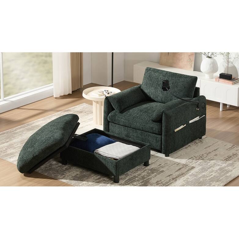 Single Sofa with Storage Ottoman, Lounge Chair with Phone Holder, USB Charger & Side Pockets, Comfy Chenille Reading Armchair