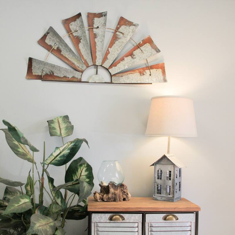Zeckos 35 Inch Metal Half-Windmill Wall Sculpture Farmhouse Decoration