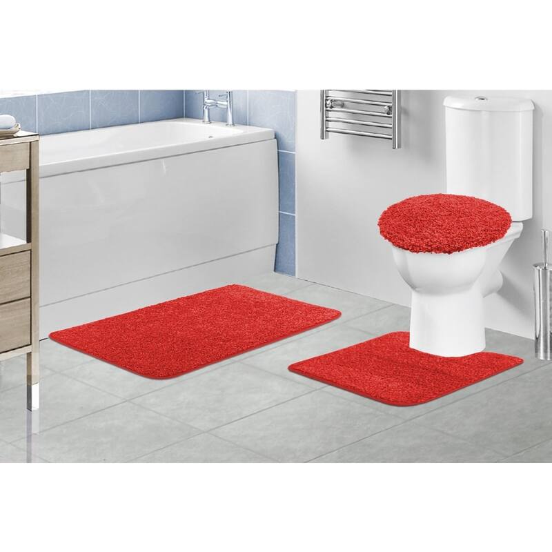 Layla 3 PC Shaggy Bathroom Rug Set, Bath Mat, Contour Rug, Lid Cover, Solid Colors