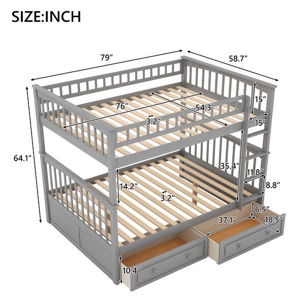 dimension image slide 0 of 2, Full over Full Wood Bunk Bed with Two Storage Drawers, Convertible Design