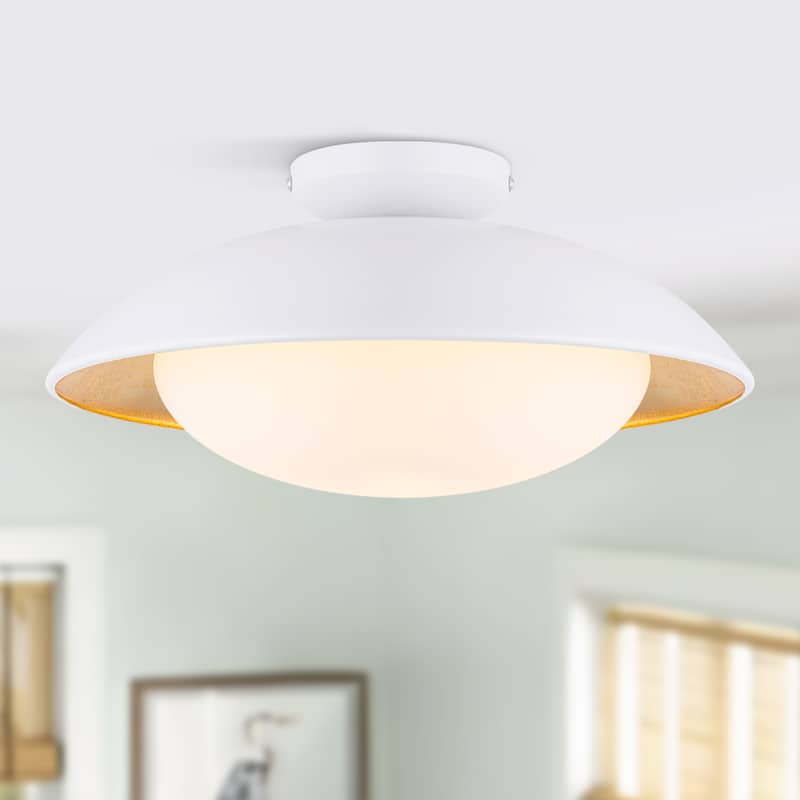 Starsky 1-light 15in. Bowl Ceiling Light Frosted Glass Shade Semi Flush Mount - Black