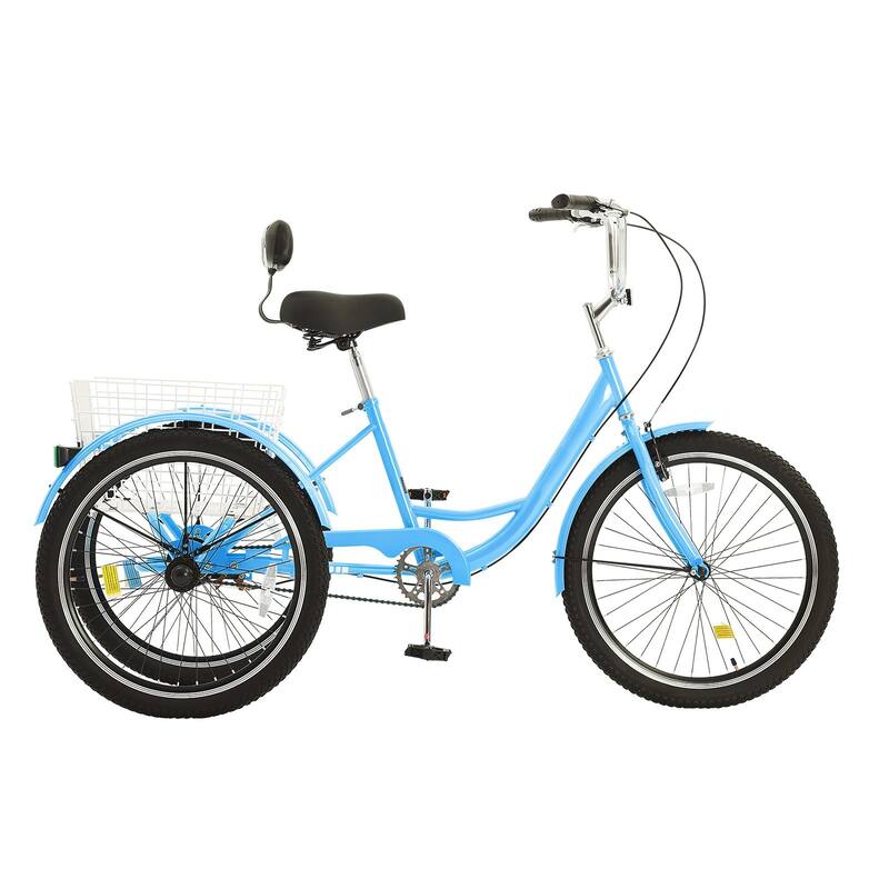 Blue Carbon Steel Adult Tricycle with Large Basket and Adjustable Height - 68.5” L x 29.9” W x 44.9” H