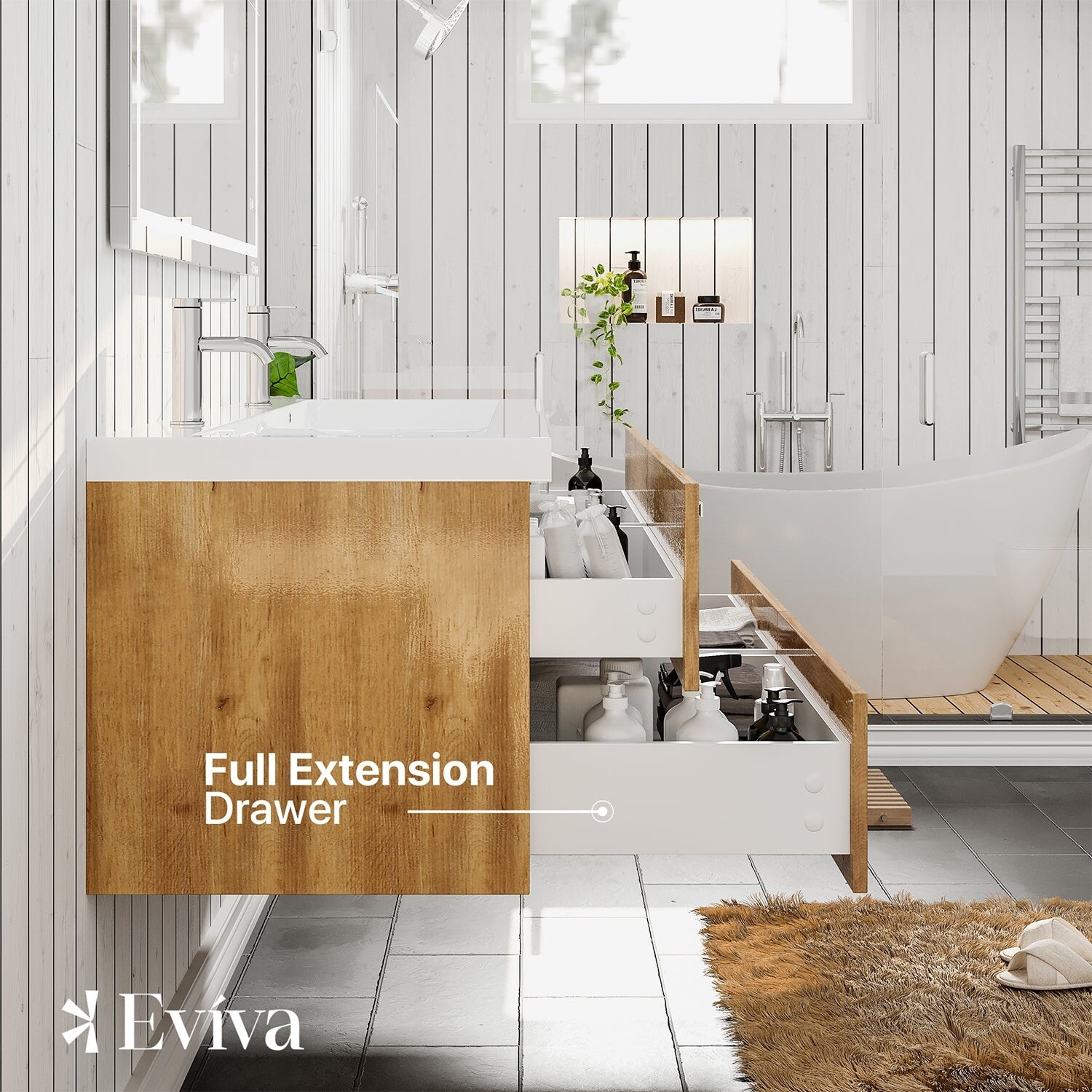 Eviva Surf 57 Black-Wood Modern Bathroom Vanity Set with Integrated White Acrylic Double Sink
