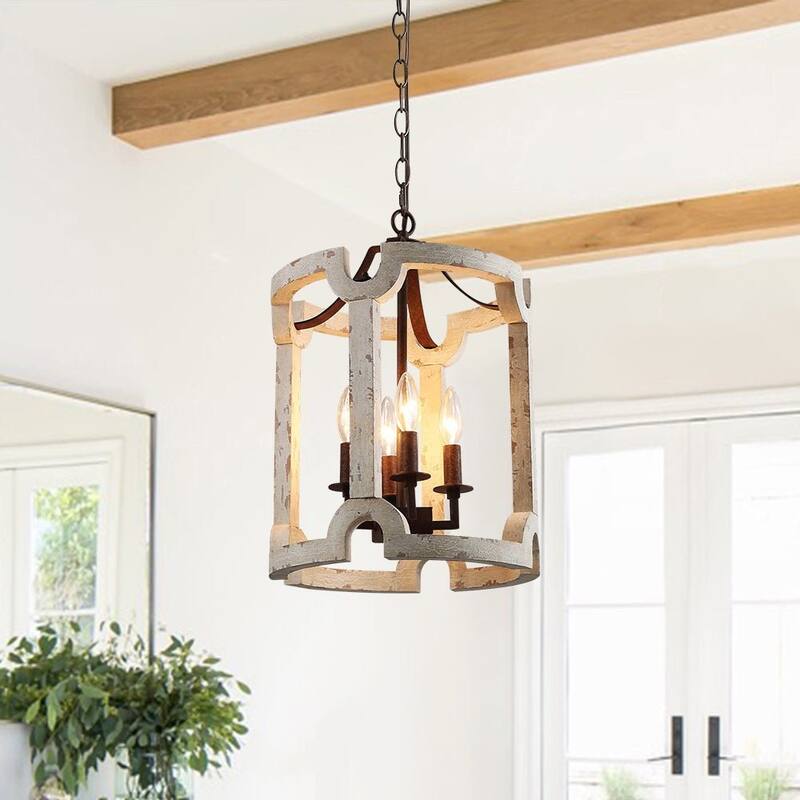 4-Light White Weathered Cylinder Lantern Chandelier - Whitewashed - Whitewashed