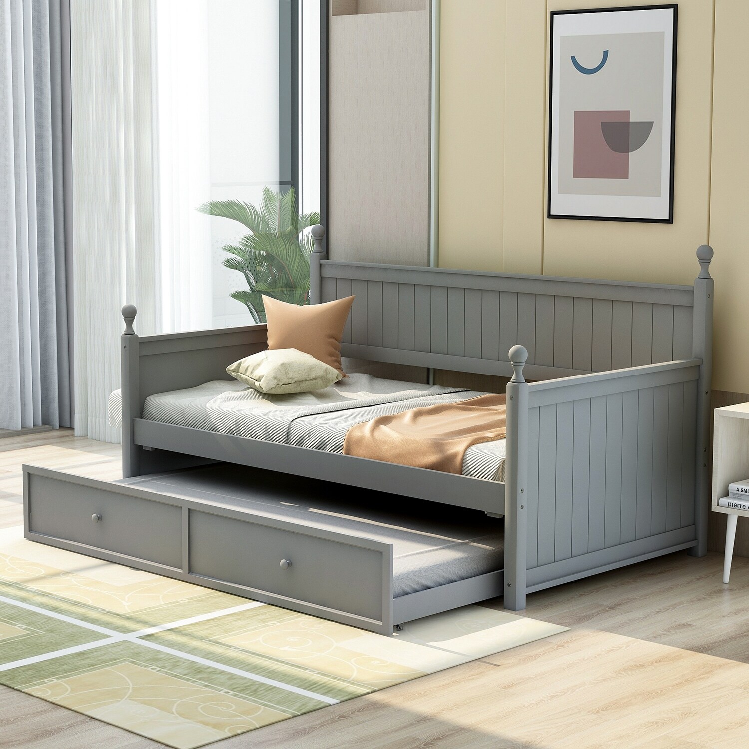 Twin Size Wood Daybed with Trundle Light Luxury Bed