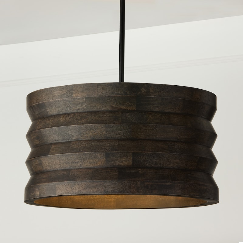 22" W x 12" H 1-Light Pendant in Matte Black and Handcrafted Mango Wood in Espresso Stain - 22"W x 11.75"H