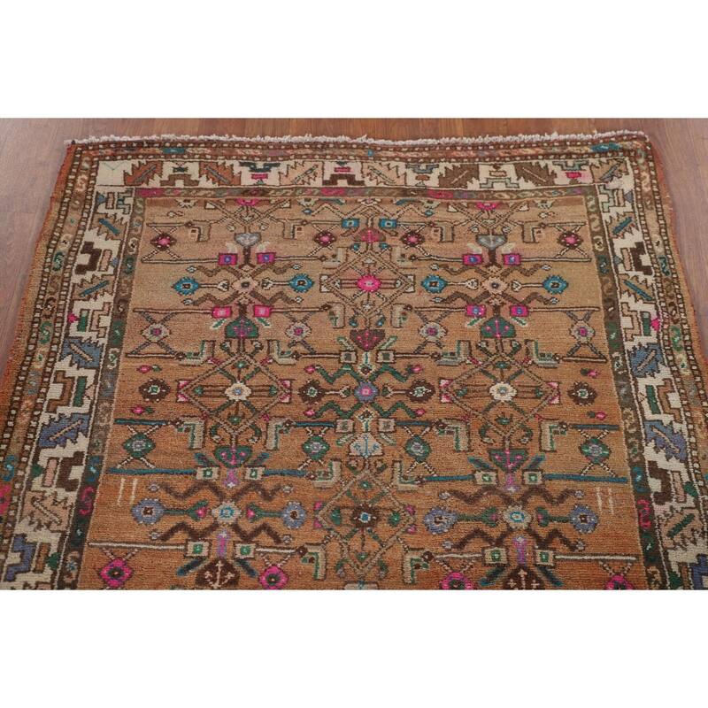 Geometric Hamedan Persian Vintage Runner Rug Handmade Wool Carpet - 3'7"x 8'9"